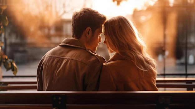 Young couple in love sitting on a bench against sunrise with a city view