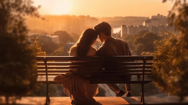 太陽が昇る前にベンチに座って街の景色を見ている若い恋人カップル
