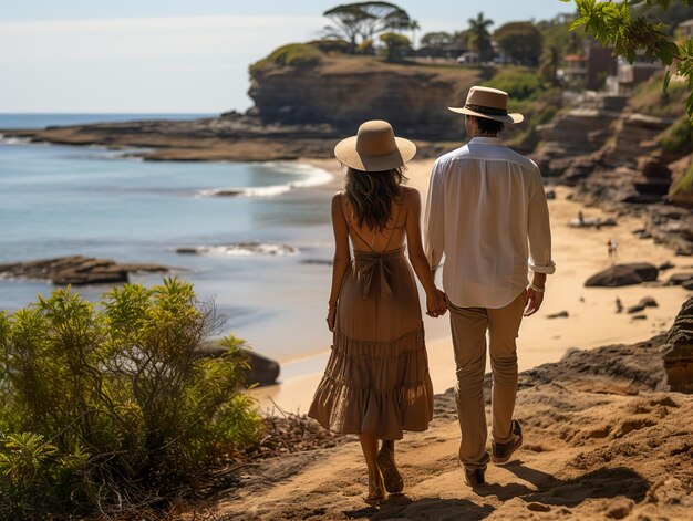 Young couple in love walking along the coast Generative AI