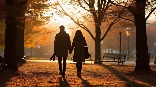 Photo young couple in love walking in the autumn park holding hands looking in the sunset