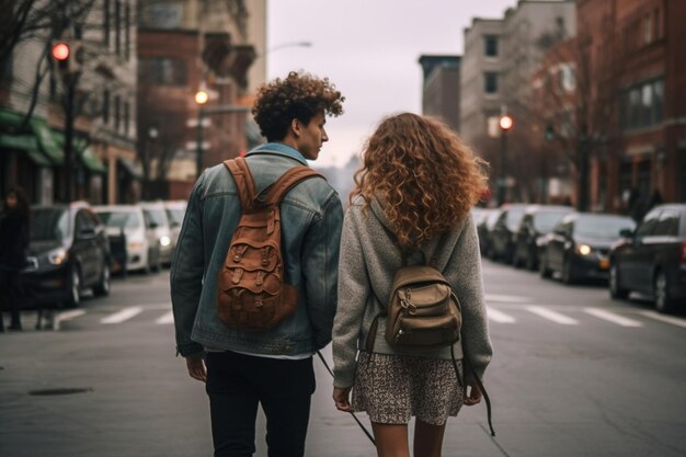 Молодая влюбленная пара гуляет по городу Генеративный ИИ