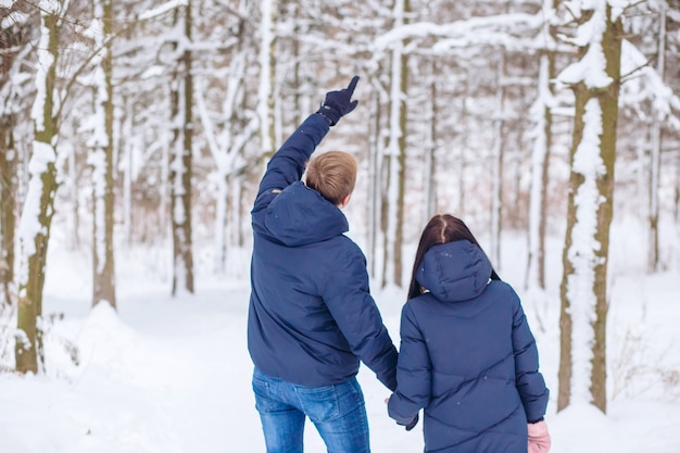 愛の若いカップルは冬の森を歩く、男と女は手を繋いでいます。