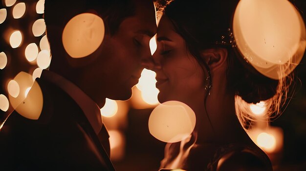 Photo young couple in love with eyes closed foreheads touching man in suit woman in wedding dress warm candle lights in the background