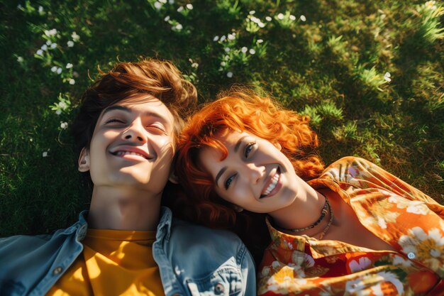 A young couple lying on the grass, looking at each other, smiling.