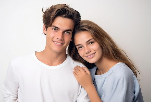 фото модели молодой пары в студии на счастливом белом фоне