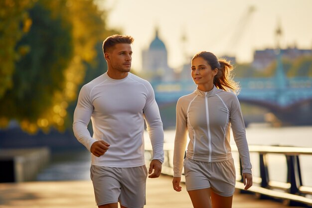 A young couple during a morning jog along the embankment