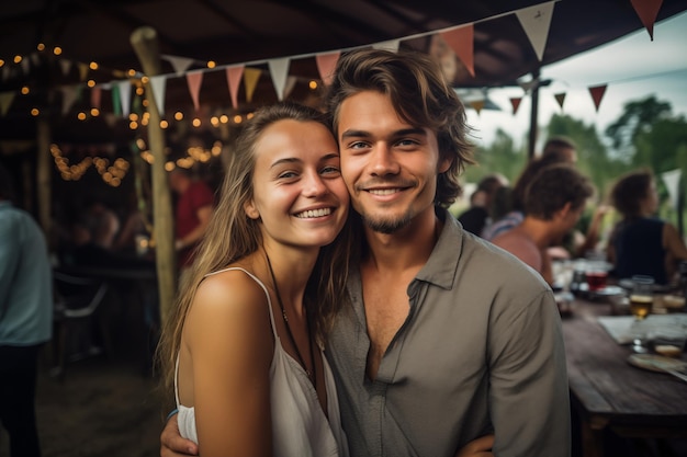 Молодая пара на открытом воздухе на вечеринке по случаю дня рождения