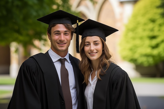 Photo young couple at outdoors dressing university graduate clothes