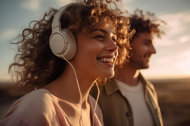 Young couple at outdoors listening music with headphones