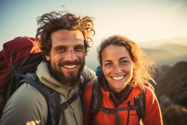登山家 の バックパック を 背負っ て 外 に いる 若い 夫婦