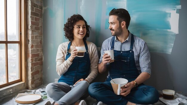 若いカップルが壁を塗りコーヒーを飲んでいます