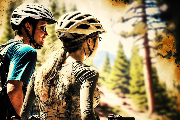 Young couple passionate about outdoor activities and bicycling in summer forest generative ai