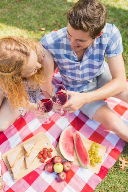 Foto giovane coppia in un pic-nic che beve vino