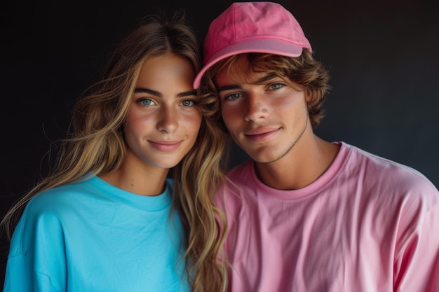 A young couple in pink and blue clothes on black Fender party