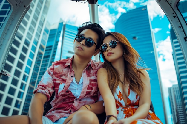 young couple on a plane flying over the city wearing sunglasses and holding hands