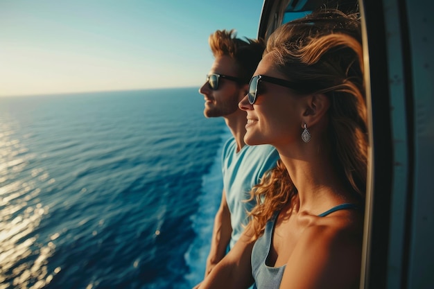 Photo young couple on a plane flying over the ocean wearing sunglasses and holding hands