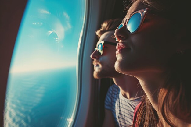 young couple on a plane flying over the ocean wearing sunglasses and looking out the window