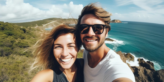 Young Couple Pose For Holiday Selfie On Clifftop