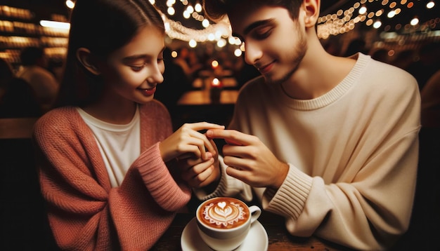 Foto la giovane coppia posa con il caffè in mano in una fredda giornata invernale