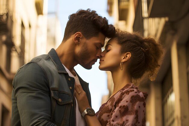 Photo a young couple in profile face to face hugging on the street of a city