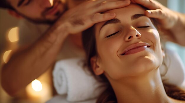 Young couple receiving head massage at beauty spa Generative AI