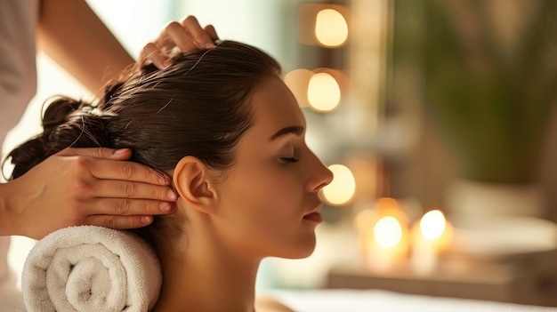 Young couple receiving head massage at beauty spa