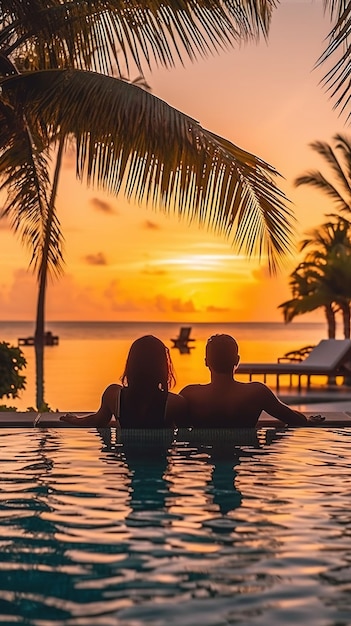 Young couple relaxing and enjoying the sunset