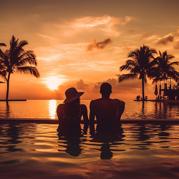 Young couple relaxing and enjoying the sunset