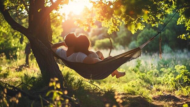 Photo young couple relaxing in a hammock in the forest