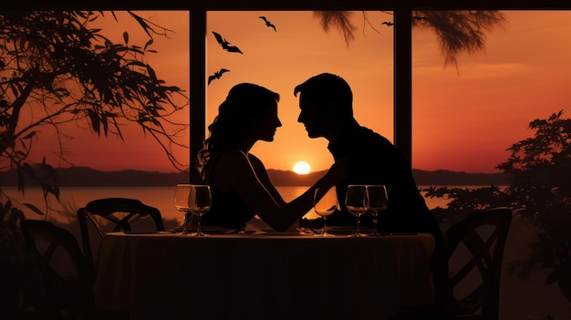 Young couple at restaurant having dinner Silhouette Generate AI