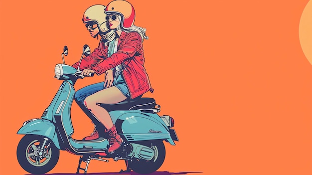 A young couple rides a vintage scooter through the city streets They are both wearing helmets and sunglasses