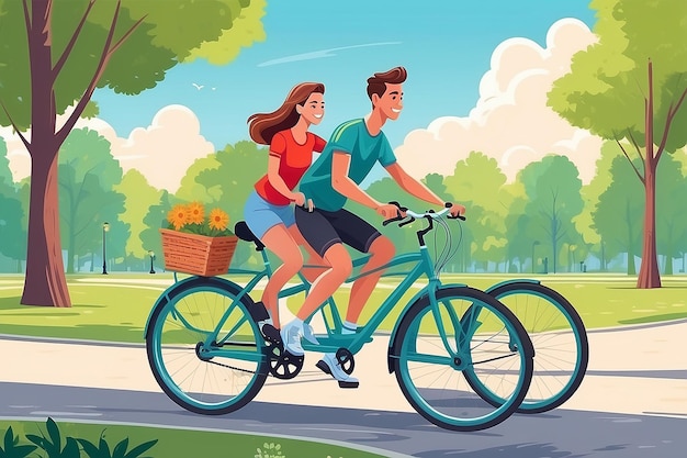 Photo young couple riding double bicycle in park people on tandem bike man and woman cycling together