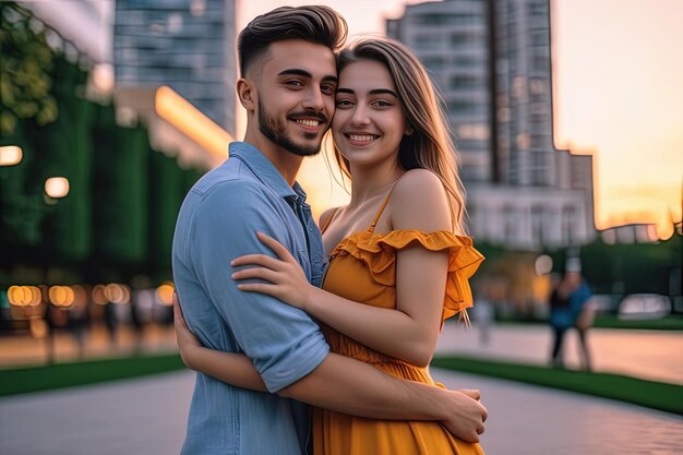 Young Couple romance in street Couple hug in street