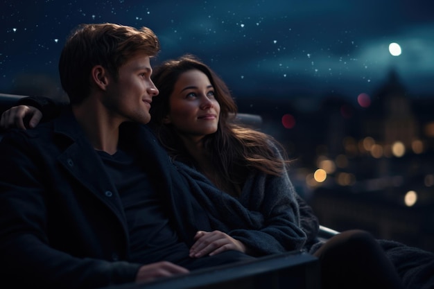 若いカップルの屋上で星空を眺める夢のような夜
