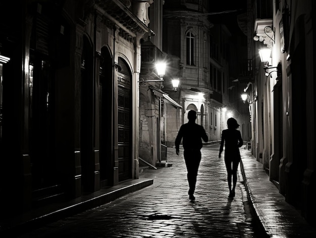 Young couple running on a street in France by night noir film scene