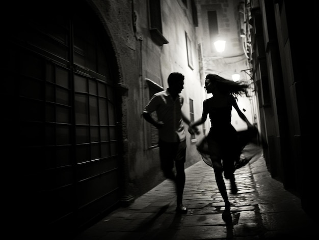 Young couple running on a street in France by night noir film scene