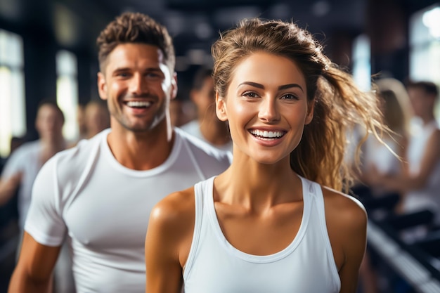 Young couple running on treadmills in modern gym healthy lifestyle