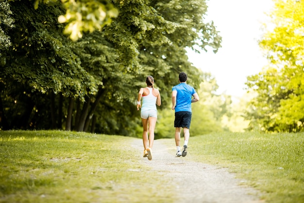 Young couple running