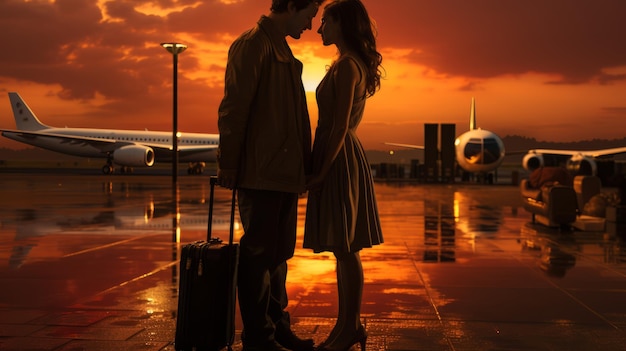 Young couple saying goodbye at an airport about to travel in the waiting room mexico latin america