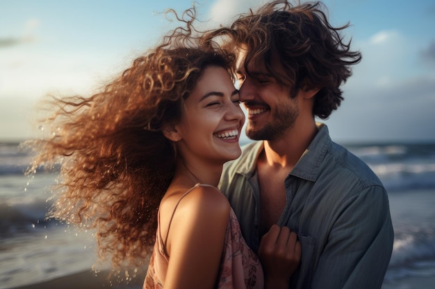Young couple seashore beach Smile relationship Generate Ai