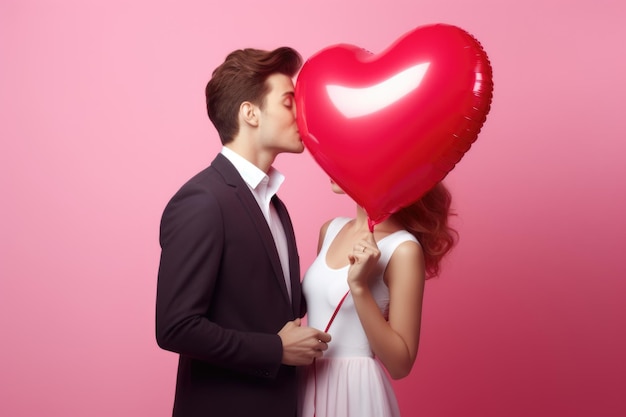 A young couple shares a kiss behind a vibrant red heartshaped balloon concealing their faces