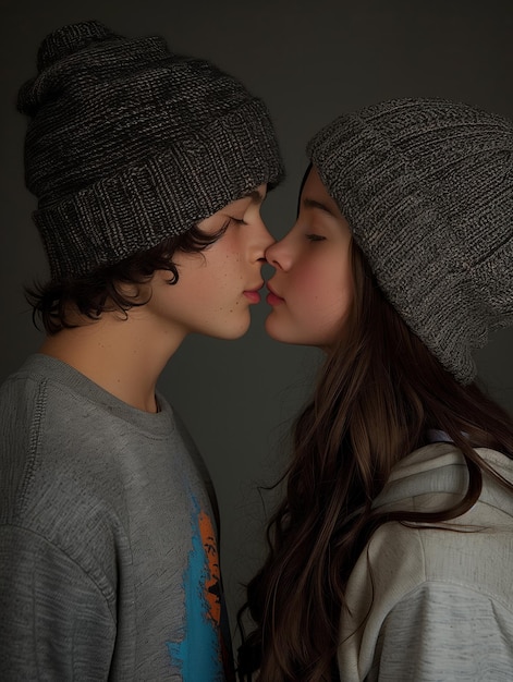 Young couple sharing a tender kiss wearing knitted hats