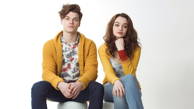 A young couple sit on a white background, one of them wearing yellow sweaters and the other wearing a yellow sweater.