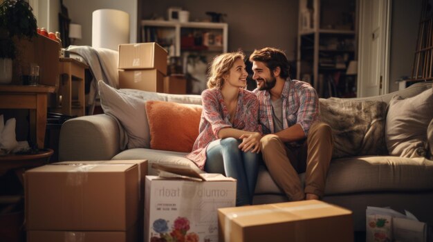 Young couple sits on a couch in a new house or apartment surrounded by boxes from moving Created with Generative AI technology