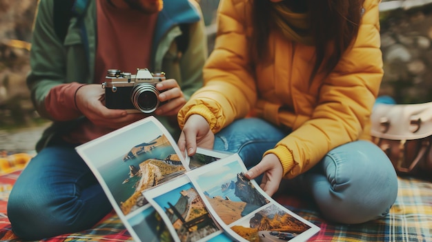 Photo young couple sitting on a blanket in the park looking at photos they have taken the woman is holding a camera