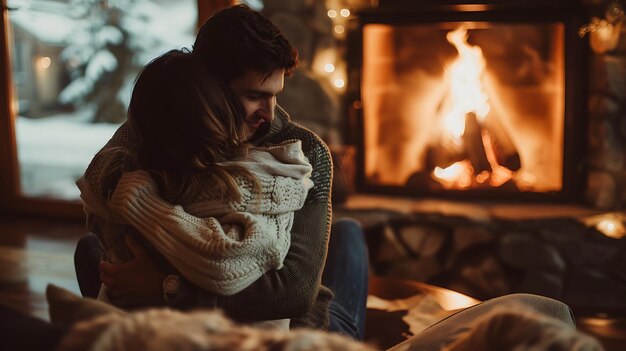 Photo young couple sitting by the fireplace in a cozy cabin man and woman hugging and enjoying the warmth of the fire romantic getaway