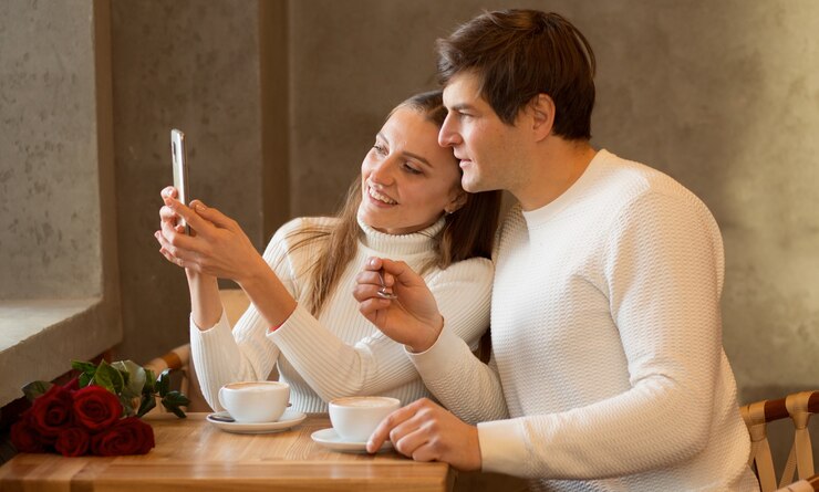 Photo young couple sitting in a cafe with coffee