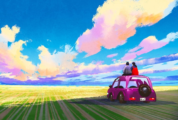 молодая пара сидит на машине перед драматическим пейзажем, живопись иллюстрация