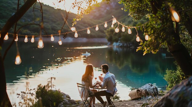 Photo young couple sitting on chairs and drinking wine near the lake they are surrounded by beautiful nature and enjoying the sunset