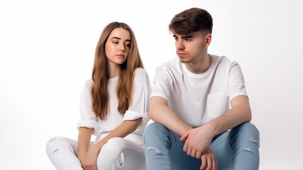 A young couple sitting on a couch, one of them is looking at a man and the other is looking at his girlfriend.